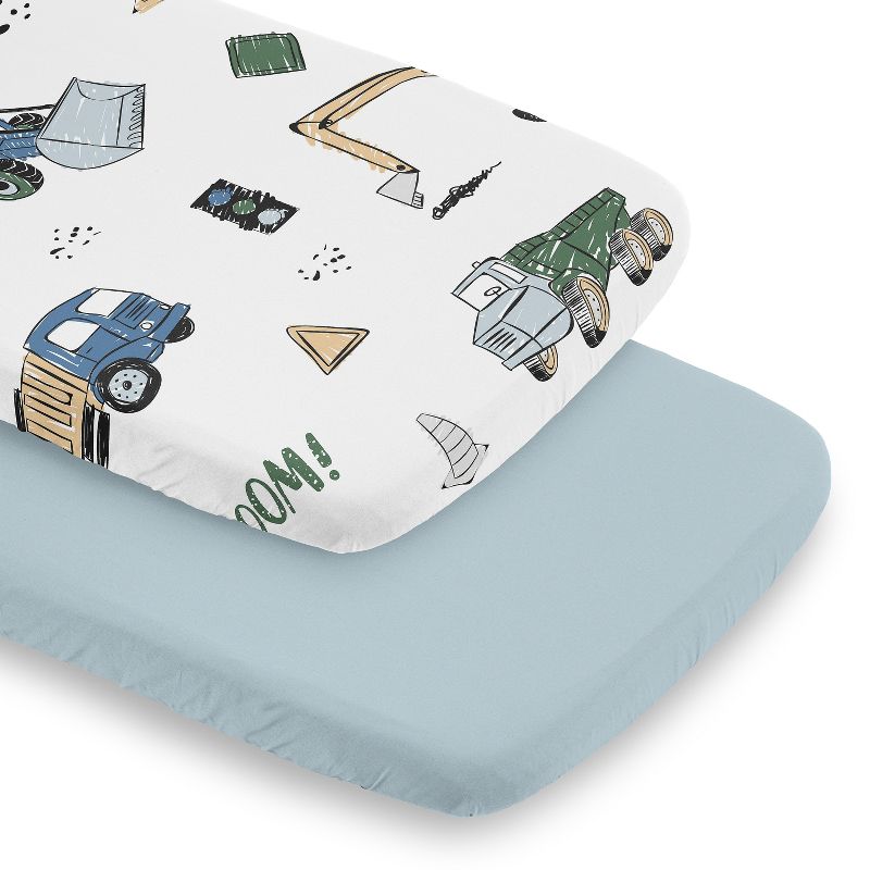 Sweet Jojo Designs Boy Baby Bassinet Fitted Sheets Set Construction Truck Green Blue and Grey 2pc, 1 of 7