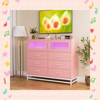 Garvee Modern Dresser for Bedroom with 6 Drawers & 2-Door Storage Cabinet ¨C Multi-Functional TV Stand with LED Lights & Charging Station, Pink