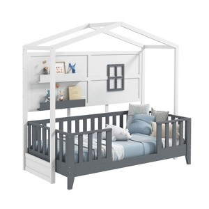 Twin Kids Bed Frame Wooden House Floor Bed with 2 Shelves and ...