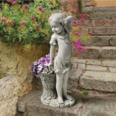 Off-White Resin Flower Girl Garden Statue with Wicker Planter
