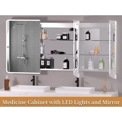 60"x36" Medicine Cabinet with LED Mirror, Surface/Recessed Mount, Defogger, Memory, 3-Color Lighting, USB & Outlet, Dimmer, Storage,R