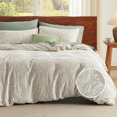 3 Pieces Linen Soft & Cozy Duvet Cover Linen Cotton Blend Bedding Set Tropical Plants Beige Color Cooling Bedding
