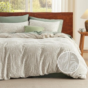 3 Pieces Linen Soft & Cozy Duvet Cover Linen Cotton Blend Bedding Set Tropical Plants Beige Color Cooling Bedding - 1 of 4