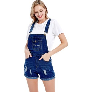 Anna-Kaci Women's Distressed Short Overalls Adjustable Denim Bib Overall Shorts Roll Cuff Romper - 1 of 4