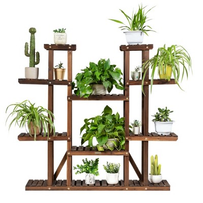 Costway 9 Tier Wood Plant Stand 45'' High Carbonized 17 Potted Flower Shelf Rack Holder