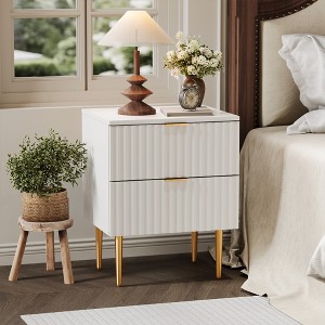 Modern Nightstand with 2 Drawers, Fluted End Table with Metal Legs, Wooden Bedside Table, Sofa Side Table for Bedroom Living Room - 1 of 4