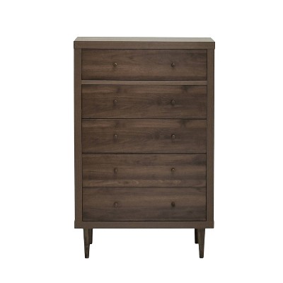 GDFStudio Farhart Mid Century Modern Faux Wood 5 Drawer Dresser Walnut