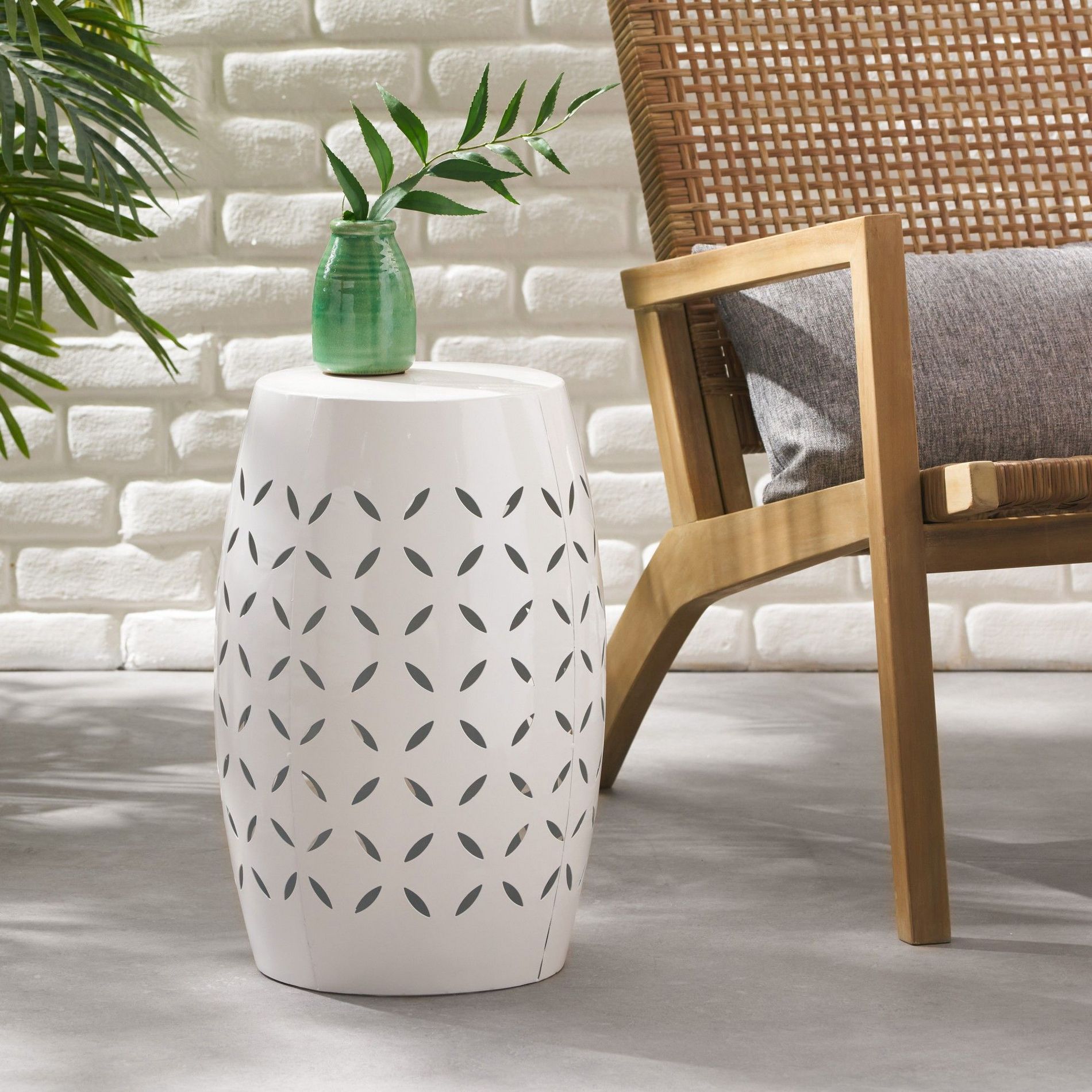 TUYOHW 12 inch Cylindrical Patio End Table,Patio Side Table with Laser-Cut Floral Design for Backyard,Pool,indoor Companion,White