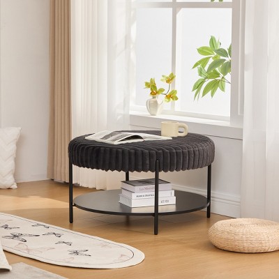 30.9" Round Faux Fur Ottoman Coffee Table with Metal Legs and Open Storage Shelf for Living Room or Bedroom-The Pop Home
