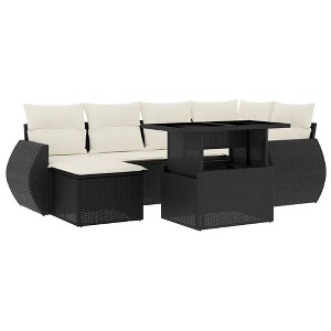 vidaXL 7 Piece Patio Sofa Set with Cushions Black and Cream Poly Rattan - without storage - 1 of 4