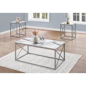 Monarch Specialties Table Set 3Pcs Set Coffee End Side Accent Living Room Metal Laminate White Marble Look Grey Contemporary Modern - 1 of 4
