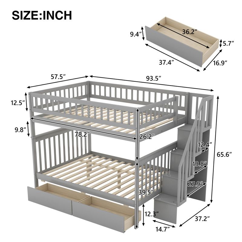 Full over Full Bunk Bed with Two Drawers and Storage Stairs - ModernLuxe, 4 of 9