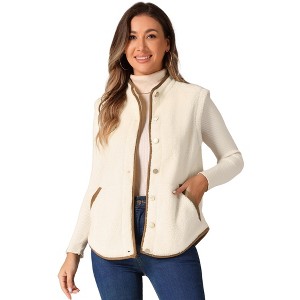 Allegra K Women's Fleece Contrast Color Button Down Sleeveless Fuzzy Jacket Vest with Pockets - 1 of 4