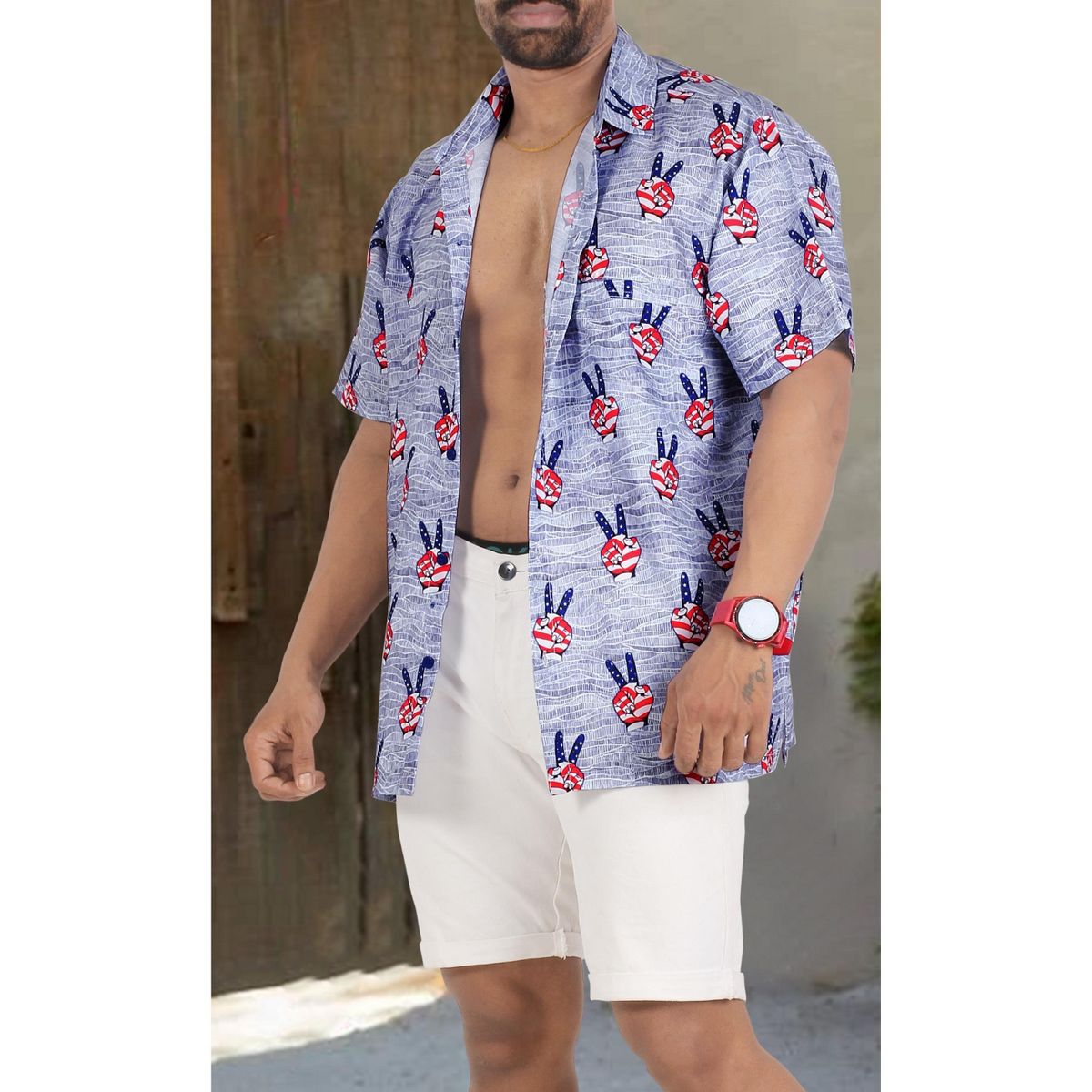 LA LEELA Men's 4th of July Hawaiian Holiday US American Flag Shirt Short Sleeve Button Down Patriotic Shirts for Men 3XL Victory Sign Blue - thumbnail 3