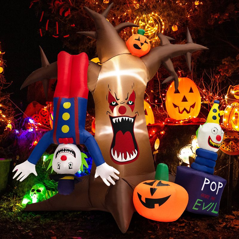 Tangkula 8FT Tall Halloween Inflatable Decoration Blow Up Dead Tree & Pumpkins & Scary Clowns, Bright LED Lights, Air Blower Self-inflate Decoration, 4 of 10