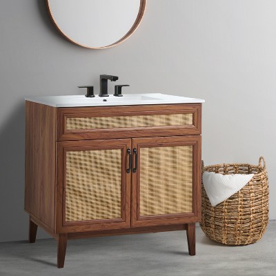 Javer 36" Walnut Rattan Modern Farmhouse Bathroom Vanity Cabinet