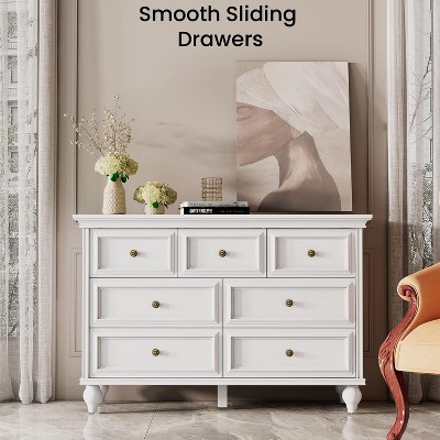 Jojoka 7 Drawer Wooden Dresser for Bedroom, Mid Century Modern Storage Cabinet with Metal Handles and Safety Device, White