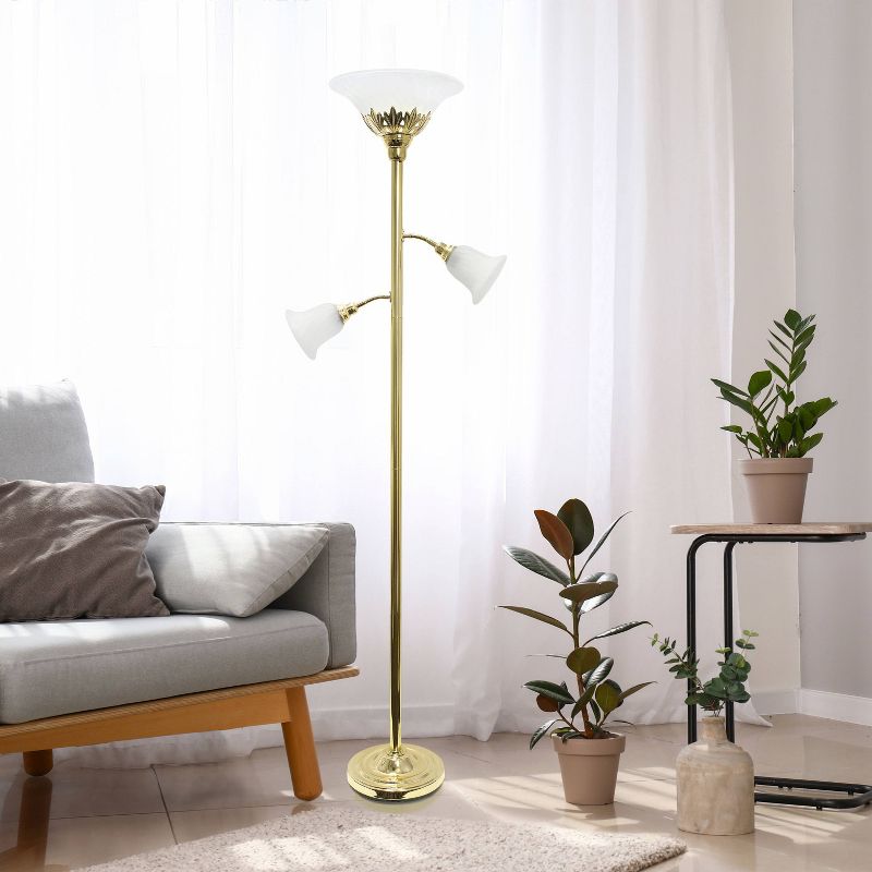 Torchiere Floor Lamp with 2 Reading Lights and Scalloped Glass Shades - Lalia Home, 4 of 10
