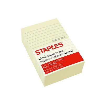 Staples Stickies Recycled Line-Ruled Notes Yellow 4" x 6" 5 Pads/PK 565436