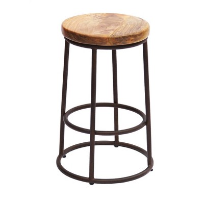 Royal Hampton 24 Inch Mango Wood Counter Height Barstool With Iron Base, Brown And Black