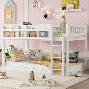 JANSNO Low Twin over Twin Floor Bunk Bed with Ladder, Solid Wood for Kids & Juniors - 1 of 4