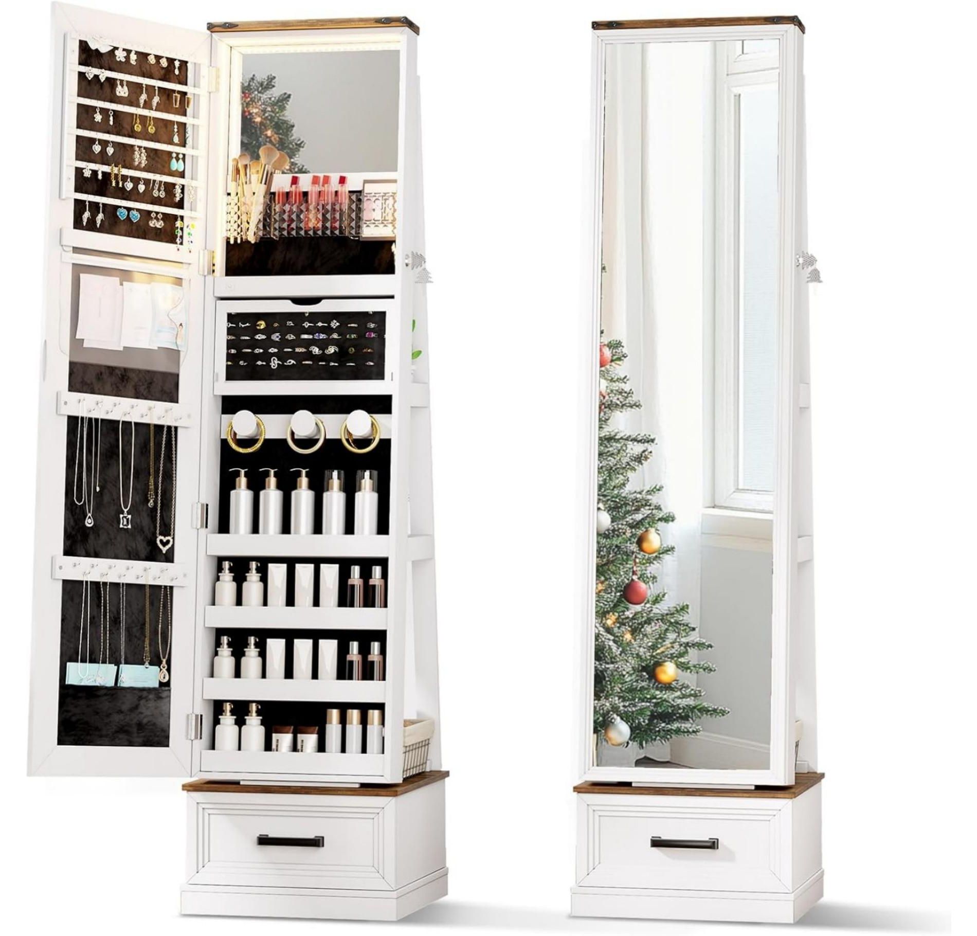 GlasFlength Decorative Wall Mirrors Standing Jewelry Armoires with Storage Shelves, Lockable with Lighting and Bottom Wheels, White 53.5"H
