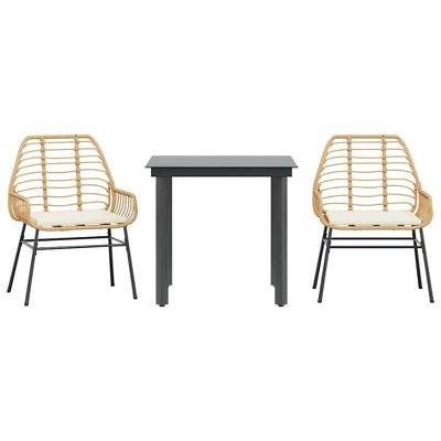 vidaXL 3 Piece Patio Dining Set - Brown PE Rattan/Tempered Glass Table & Cushioned Garden Chairs for Outdoor, Patio, Backyard