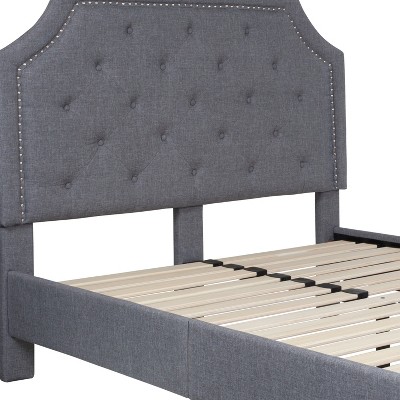Elegant Full Double Light Gray Upholstered Bed with Tufted Headboard and Nailhead Trim