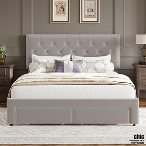 Jojoka Full/Queen/King Bed Frame with 2 Storage Drawers, Velvet Upholstered, Tufted Rivet Headboard, Wooden Slats, Noise-Free, No Box Spring Needed - 1 of 4