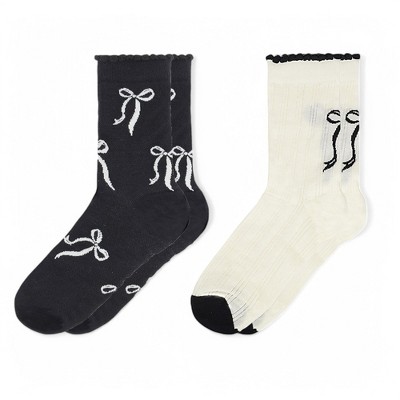 Alilang Women's 2-Pack Bow Pattern Crew Socks with Scalloped Trim and Contrast Details