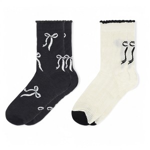 Alilang Women's 2-Pack Bow Pattern Crew Socks with Scalloped Trim and Contrast Details - 1 of 4