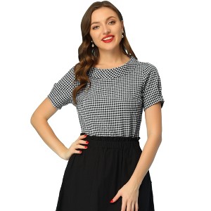 Allegra K Women's 1950s Round Neck Short Sleeve Gingham Tops - 1 of 4