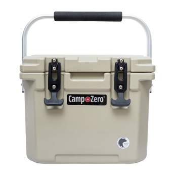 CAMP-ZERO 10 Liter 10.6 Quart Lidded Cooler with 2 Molded In Cup Holders, Folding Aluminum Handle Grip, and Locking System, Beige