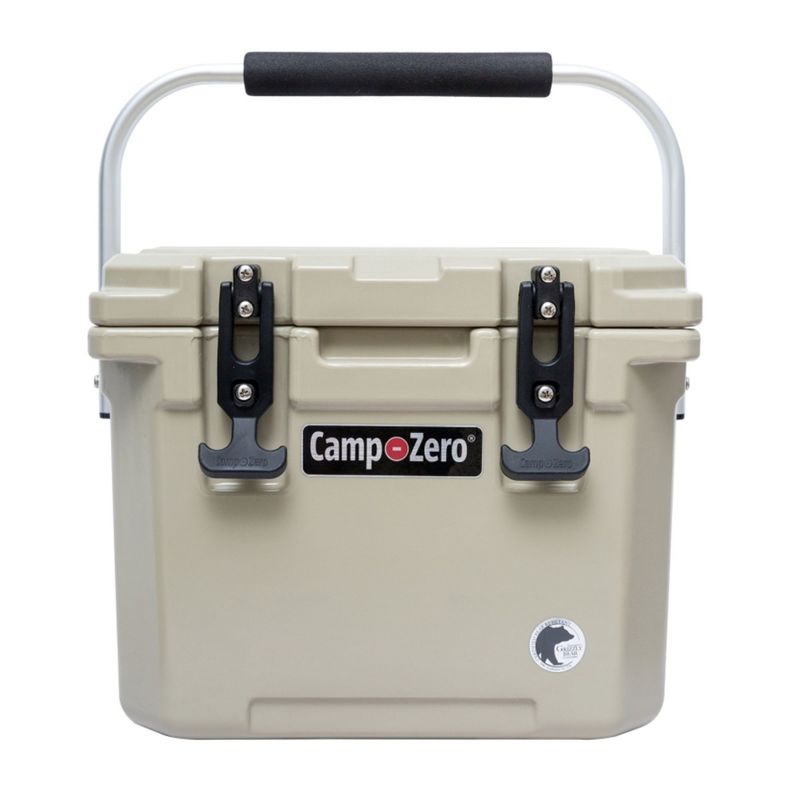 CAMP-ZERO 10 Liter 10.6 Quart Lidded Cooler with 2 Molded In Cup Holders, Folding Aluminum Handle Grip, and Locking System, Beige, 1 of 8
