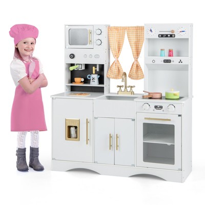 Infans Kids Play Kitchen Pretend Playset w/ 2 Curtains & 16 Pcs Play Accessories White