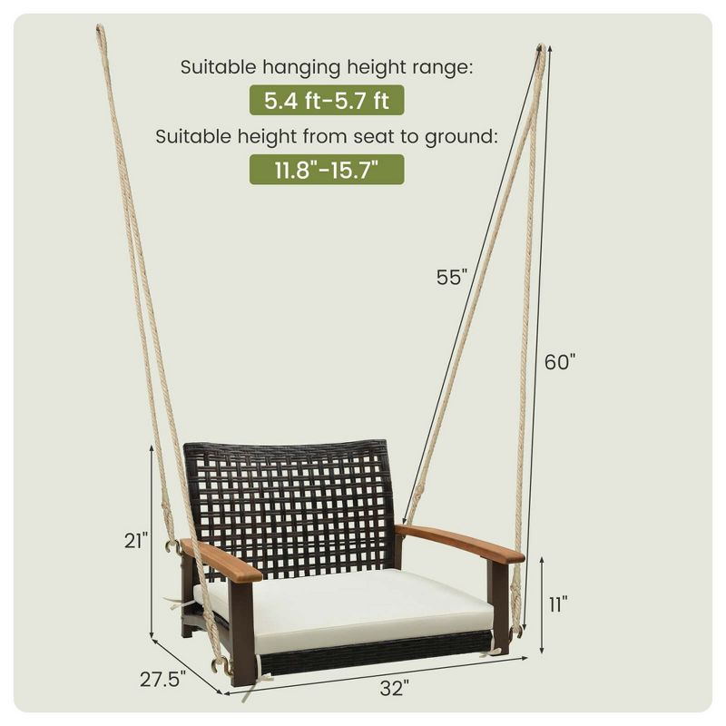 Costway Outdoor Single Swing Chair Bench 1-Person Rattan Porch Swing with Cushion, 3 of 10