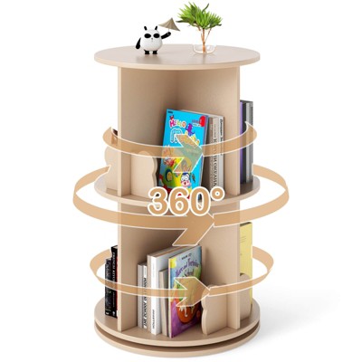 Infans Kids Rotating Bookshelf Round Spinning Corner Bookcase w/Bear Baffles Coffee