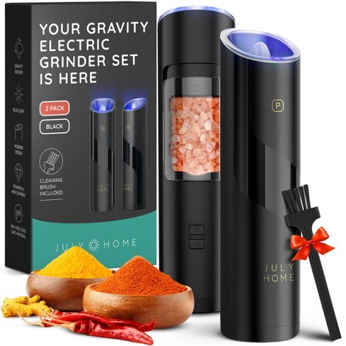 Gravity Electric Pepper and Salt Grinder Set-Adjustable Coarseness-Battery  Powered with LED Light-One Hand Automatic Operation-Stainless Steel 2 Pack