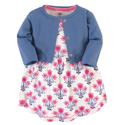 Image of Touched by Nature Baby and Toddler Girl Organic Cotton Dress and Cardigan 2pc Set, Abstract Flower, 6-9 Months