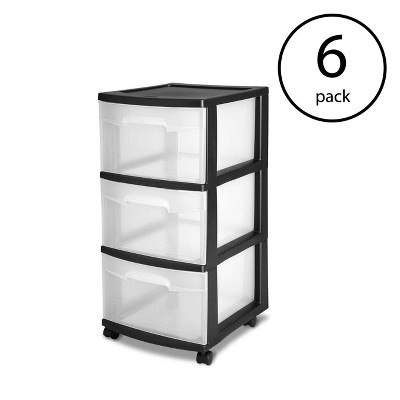 Sterilite 3 Drawer Storage Cart with Clear Drawers and Black Frame (6 Pack)