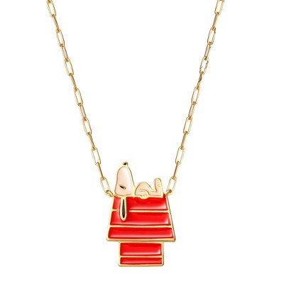 Peanuts Womens Snoopy Gold-Plated Sterling Silver Dog House Snoopy Necklace - Officially Licensed, 18''