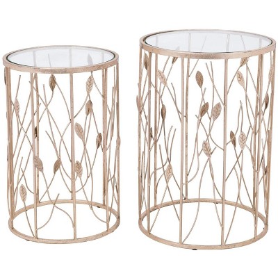 Gold and Glass Botanical Round Accent Tables Set of 2