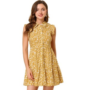 INSPIRE CHIC Women's Ruffle Sleeve Turndown Collar Pleated Floral Dress - 1 of 4