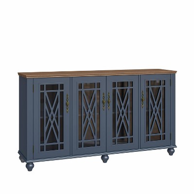 63" Navy Vintage Wood Buffet Sideboard with Glass Doors