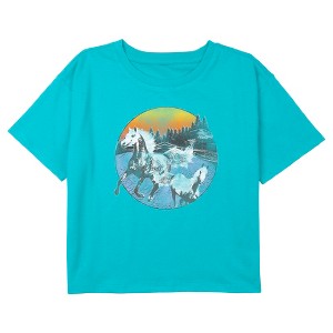 Girl's Lost Gods Distressed Circle Horse Sunset Landscape Crop Top T-Shirt - 1 of 3