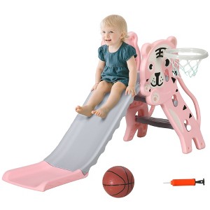 Qaba 3 in 1 Toddler Slide for Indoors, Toy for Toddler, Easy Set Up Baby Slide with Basketball Hoop for Kids 18-36 Months, Pink - 1 of 4