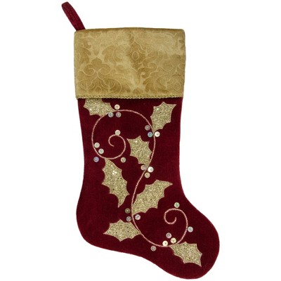 Northlight 20.5-Inch Velvet Gold and Maroon Etched Cuff Christmas Stocking