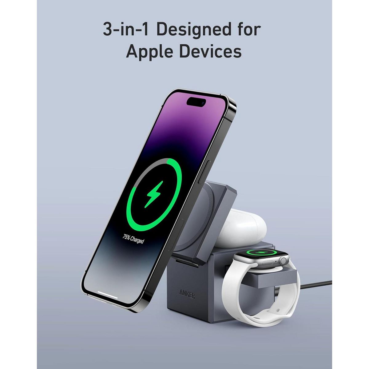 Refurbished Anker 3-in-1 Cube MagSafe 15W Charging Station, Wireless Charger, Desktop Stand for iPhone 17/16, Apple Watch, AirPods (Adapter Included) - thumbnail 3