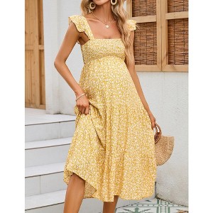 Maternity Dress Square Neck Sleeveless Smocked Ruffle Sleeve Baby Shower Photoshoot Summer Midi Dresses - 1 of 4