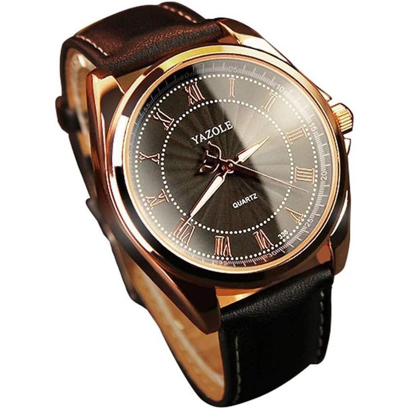 Mens Watches Quartz Wristwatch with Leather Strap, Black/Brown, 2 of 9